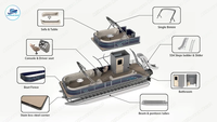 Bateau ponton à double pont avec moteur, sièges de pêche et de divertissement, mobilier, toboggan, moteur hors-bord, fête sur le lac, loisirs