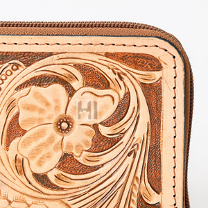 Portefeuille unisexe en cuir véritable Crazy Horse, style vintage floral, fermeture éclair, blocage RFID, fait main, style western - Product Image 2
