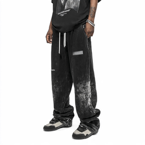 Pantalons de survêtement vintage pour hommes, jambe droite, délavés, style personnalisé, nouveau style, imprimé par pulvérisation, strass, décontracté, hip-hop, en molleton - Product Image 5