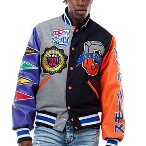 Chenille Embroidered Varsity Jacket <b>Stand</b> Collar Stylish Retro High Street Letterman Front Side Pockets Customizable - Product Image 1