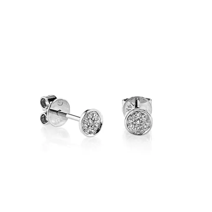 Pave Tiny Disc Push Back White Color Zirconia Stud Earrings 925 Sterling Silver Rose Gold Plating Diamond Women Earring