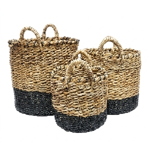 Natural Banana Bark Recycled <b>Plastic</b> Storage <b>Basket</b> Set Black Dipped Bottom Arch Handle Pot Planter Organizer Setup Pure Art - Product Image 1