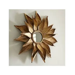 Petit miroir circulaire décoratif en forme de tournesol, cadre de couleur or, fini mural suspendu, miroir mural suspendu, décoration de la maison, vente en gros