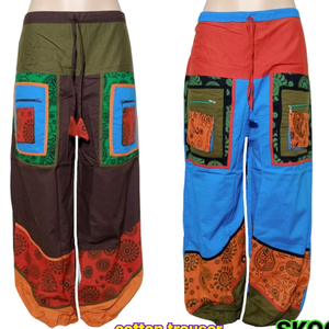 Unisex Fashionable Cotton Acid Wash Bohemian Trousers <b>Patchwork</b> Print Breathable Summer High Elastic Waist Export Quality Fabric - Product Image 1