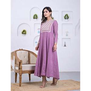 Purple Cotton <b>Block</b> <b>Printed</b> Anarkali Dress Pakistani-Style Ethnic Indian Wear Featuring Georgette Salwar and Choli - Product Image 4