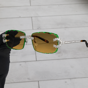 Luxury Rimless Crystal Square <b>Sunglasses</b> for Women UV400 Designer Green Trim Brown Gradient Fashion Eyewear - Product Image 3