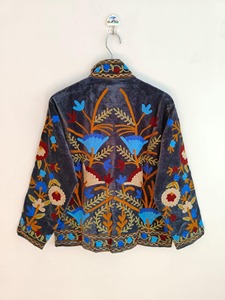 Chaqueta de Terciopelo con Bordado Floral Bohemio, Cuello Mandarín, Manga Larga, Ropa Exterior Informal para Otoño, Tallas Grandes para Adultos - Product Image 2