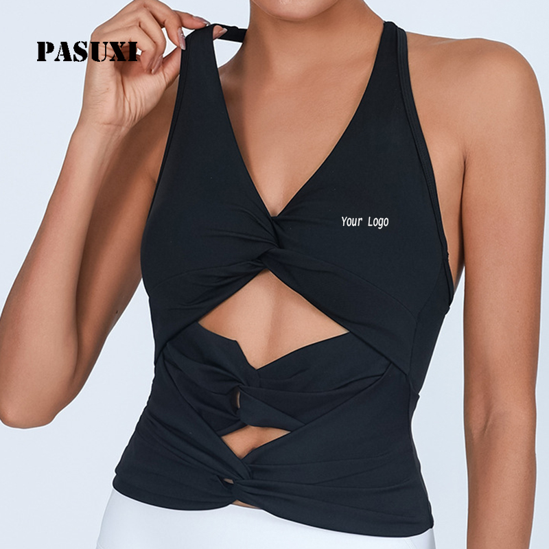 PASUXI Women's High Elastic Quick Dry Yoga Vest Seamless Sports Bra Fitness Workout Top with Chest Pad Cross Tank Top