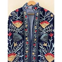 Veste d'automne pour femmes, réversible, en velours bleu nuit, col mandarin, broderie à la main Suzani, fabrication artisanale de Jaipur, en laine de mouton