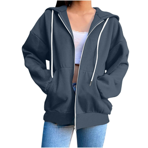Streetwear brodé 100% coton fermeture éclair femmes sweats à capuche fabricant Baggy goutte épaule fermeture éclair sweats à capuche pour les femmes - Product Image 4