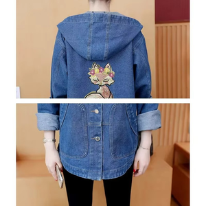 Veste en jean manteau à capuche pour femme printemps automne ample femme dos imprimé veste en jean grande taille décontracté vêtements d'extérieur pour étudiants - Product Image 6