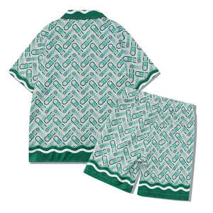 Ensemble chemise et short rétro pour homme Style de rue européen et américain Ensemble atrovirens avec motif ondulé Tenue cardigan ouverte décontractée - Product Image 2