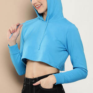 Sweat à capuche court oversize tendance pour femme, couleur beige, col rond, décontracté, avec logo frontal, prix de gros pour l'automne - Product Image 2