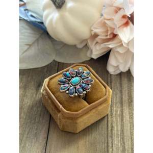Southwest Handmade Mohave Turquoise <b>Sterling</b> <b>Silver</b> <b>Adjustable</b> Inlay Cluster <b>Ring</b> - Product Image 4