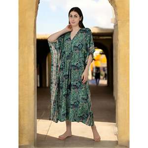 Women's <b>Green</b> Paisley <b>Silk</b> Kaftan Swimsuit Cover-Up #1623 - Product Image 4