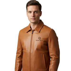 Veste en cuir d'hiver personnalisée 2026 en toile enduite de peau de vache marron clair avec fermeture éclair, poches avant et col rabattable - Product Image 4
