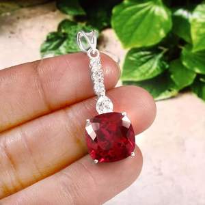 925 Sterling Silver 18K Gold Plated Cushion <b>Ruby</b> Pendant with Chain Red Gemstone Engagement <b>Necklace</b> - Product Image 3