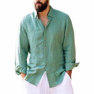 Nouvel arrivage Chemises d'été décontractées à manches longues et à col rabattu en lin pour hommes, chemises surdimensionnées multicolores solides à séchage rapide du Bangladesh - Product Image 1