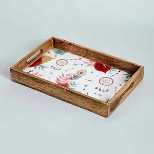 Plateau de service rond en bois imprimé émaillé, dernier plateau en bois de manguier pour la maison, le bureau et la cuisine - Product Image 2