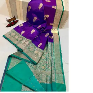 Sarees lụa thổ cẩm tùy chỉnh màu tím với viền vàng lý tưởng cho nhà thiết kế quần áo và cửa hàng để bán lại