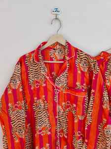 Conjunto de Pijama de Algodón con Estampado Animal Naranja, Cuello en V, Estampado por Serigrafía, para Mujer, Manga Larga, Verano - Product Image 2