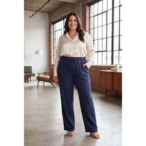 Plus Size <b>Linen</b> <b>Trousers</b> with Elastic Waistband and Drawstring, <b>Navy</b> Blue - Product Image 4