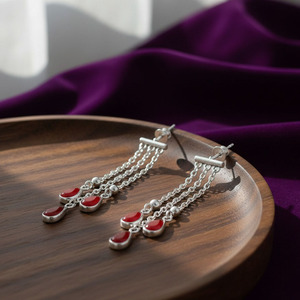 Pendientes de Cadena Indios de Plata de Ley 925 con Piedra de Ónix Roja en Forma de Lágrima |   Pendientes Hechos a Mano de Moda para Bodas y Fiestas al por Mayor - Product Image 2