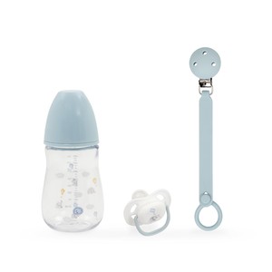 Ensemble de 3 pièces en silicone bleu pour bébés et enfants : porte-bavoir, sucette et biberon - Product Image 1