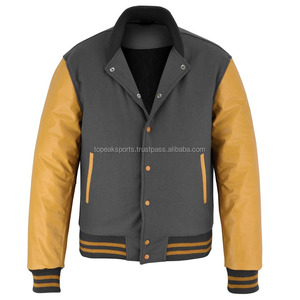 2026 OEM Limited Grey <b>Wool</b> With <b>Yellow</b> Leather Sleeves Varsity Jacket For Men's 100% High Quality Low MOQ Heated Fashion Jackets - Product Image 4