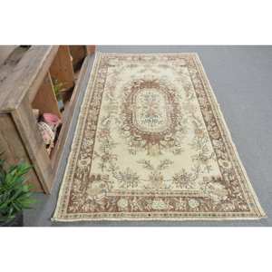 พรมขนแกะสไตล์ตุรกีโบราณสีเบจสีน้ำตาล3.8 x 7ft เย็บปะติดปะต่อกันพื้นที่ขนาดใหญ่สำหรับห้องโถงห้องนอนยางสี่เหลี่ยมห้องข้างเตียง - Product Image 3