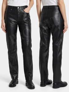 Pantalon en cuir unisexe à logo personnalisé, taille mi-haute, jambe droite, cinq poches, boucle de ceinture, style boutonnière, pantalon en cuir pour femmes - Product Image 3