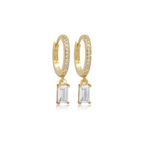 Pendientes colgantes de plata con diseño de Baguette rectangular de CZ blanco, joyería fina hecha a mano, joyería turca - Product Image 1