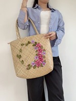 Tas Tangan Wanita Ramah Lingkungan dari Rumput Sedge Buatan Tangan Bentuk Persegi Panjang, Desain Bunga Modis, Penutup Ritsleting, Model Terbaru