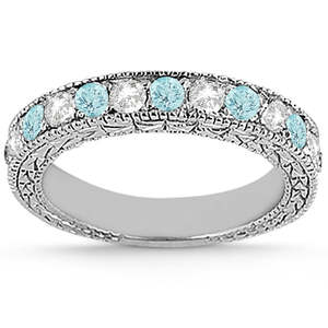 Ensemble de mariage antique en or blanc 14 carats avec diamant et aigue-marine 1,80 ct - Motif unique - Product Image 3