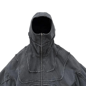 Oversized Distressed Custom Logo Rhinestones Solid <b>Acid</b> Wash Full Zip Mask Hoodie Designer <b>Drop</b> Shoulder Winter Wear 100% Cotton - Product Image 4