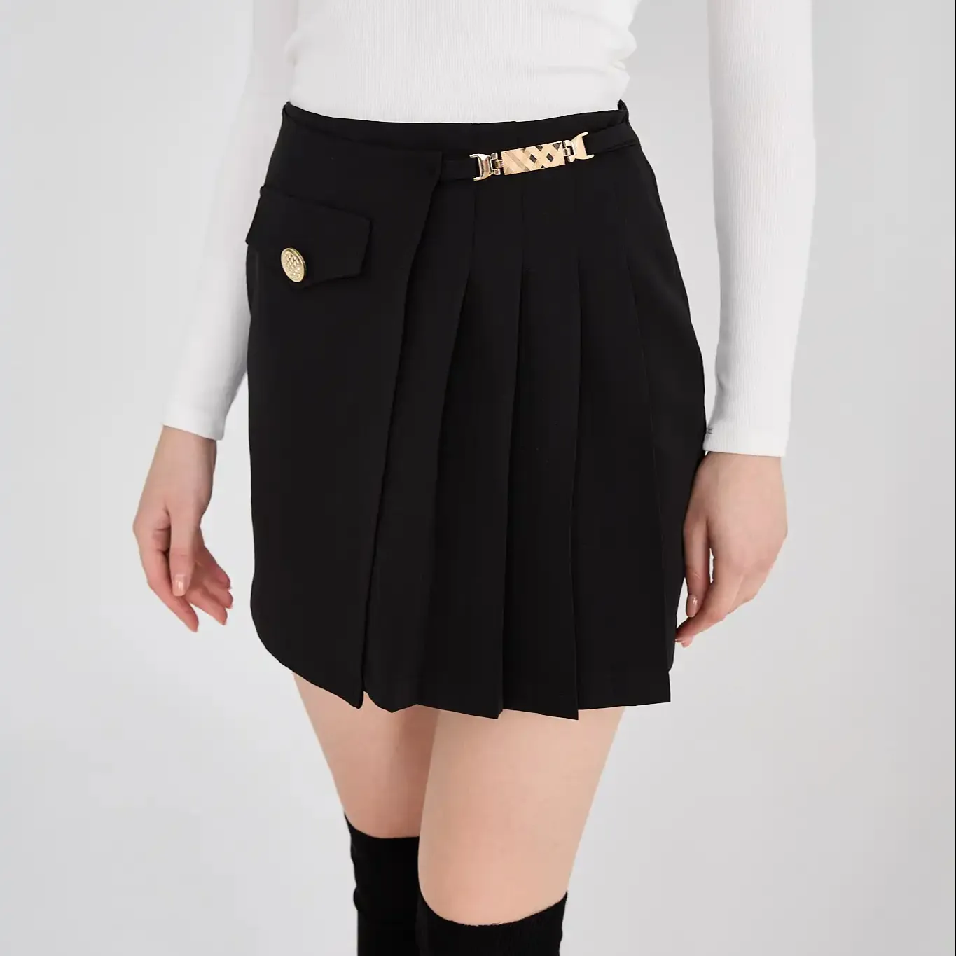 Minifalda negra con detalle de botón y hebilla para mujer, minifalda con detalle de cremallera, minifalda para mujer