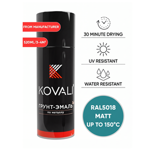 KOVALI 3 in 1 Aerosol Spray Primer Enamel Anti-Rust Corrosion Protection Metal Wood Concrete Matt Turquoise Blue RAL 5018 520ml - Product Image 1