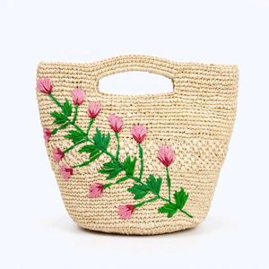 Sac fourre-tout en raphia tissé vintage brodé, écologique, à motif floral, avec bandoulière, pour la plage et les voyages estivaux quotidiens - Product Image 1