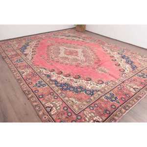 Vintage Turkish Rug, 9.7x12.6 ft Rug, <b>Red</b> Blue Check <b>Wool</b> Rug - Product Image 3
