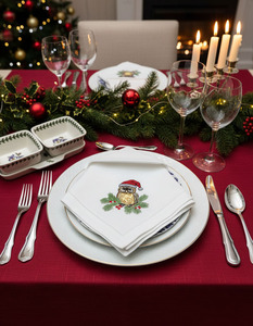 Vente en gros personnalisé Hibou brodé en coton Serviette de Noël en tissu Ourlet Serviette de table Mariage Maison Restaurant Vacances Utilisation - Product Image 1