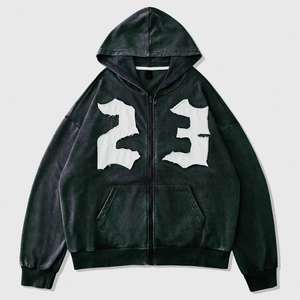 Sweat à capuche respirant pour homme en coton French Terry, haute qualité, effet vieilli, broderie, délavage acide, fermeture éclair, couleurs personnalisables, logo, poche - Product Image 1