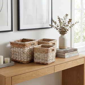 Natural Water Hyacinth Storage <b>Basket</b> Set White Chevron Square <b>Cube</b> Shelf Storage Organizer Box Setup Decor Pure Art Design - Product Image 6