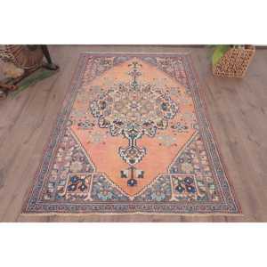 พรมตุรกีวินเทจ ขนาด 4.1x6.3 ฟุต พรมขนสัตว์สีส้ม-น้ำเงินไล่เฉด - Product Image 1
