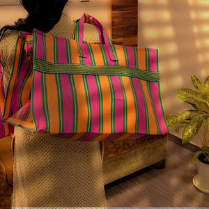 Bolso de compras a rayas tejido plástico cremallera reutilizable respetuoso con el medio ambiente hecho a mano bolsas de playa recicladas estuches para cosméticos - Product Image 3