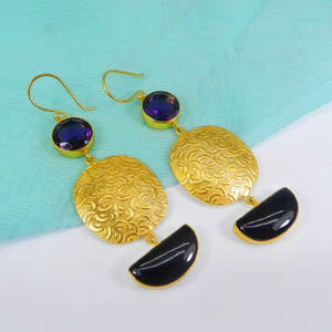 Gold Plated Half Moon Black Onyx Dangle <b>Earrings</b> Elegant <b>Fine</b> <b>Cuff</b> Design - Product Image 4