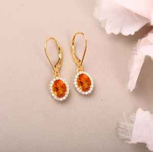 Boucles d'oreilles à fermoir à levier en opale de feu, argent sterling 925 plaqué or 14 carats, halo élégant, pierre précieuse, bijoux à gouttes pour femmes - Product Image 1