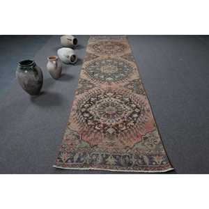 3.3x12.7 ft Vintage Rug, Turkish Runner Rug, <b>Brown</b> Blue Moroccan <b>Wool</b> Rug - Product Image 1