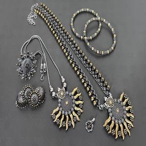 Premium quality Dual Tone <b>Necklace</b> Set with <b>Matching</b> chain pendant , Jhumkas , Ring, Nosepin & Bangles Perfect For Festival Wear - Product Image 1