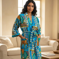 Kimono New Kantha Print Manches complètes Respirant Conception réversible douce avec ceinture Vêtements de nuit pour femmes