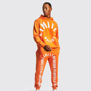 100% coton personnalisé deux pièces surdimensionné hommes imprimé survêtements solide couleur Orange surdimensionné bouffée impression survêtement pour hommes - Product Image 1